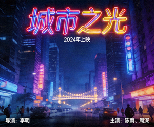 电影《城市之光》海报：现代都市夜景与霓虹灯