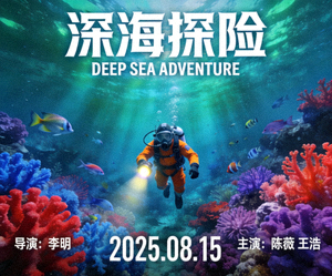 电影《深海探险》海报：潜水员在珊瑚礁中探索