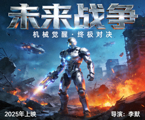 电影《未来战争》海报：机器人战士在科幻战场