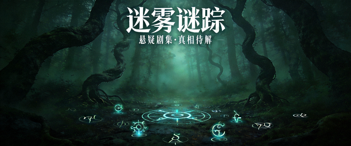 悬疑剧集海报：迷雾森林与神秘符号